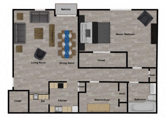 Floor plan for 1 bed, 1 bath, 950 sqft